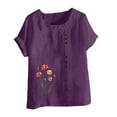 thumbnail image 4 of lcziwo Womens Summer Cotton and Linen Button Round Neck Tees Shirt Fashion Boho Floral Print Beach Tops Casual Plus Size Short Sleeve Blouses Sales Today Purple XXXXL, 4 of 5