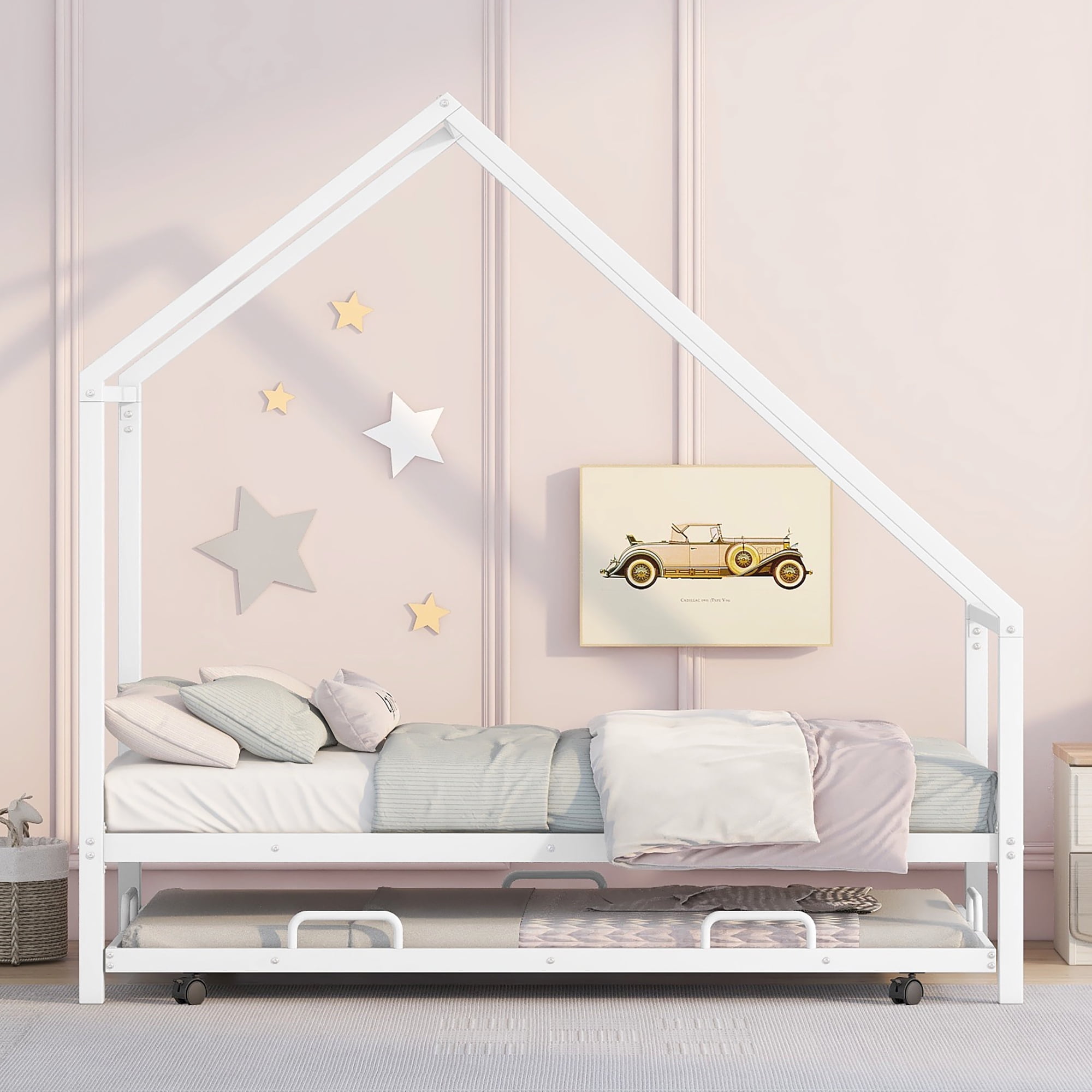 Gewnee Metal House Bed With Trundle,Kids Twin Size House-shaped Platform Bed Frame,White