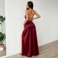 thumbnail image 4 of Women's Sexy Backless Satin Maxi Dress V-Neck High Split Spaghetti Strap Graduation Dress, 4 of 6