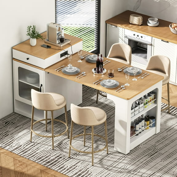 60" Kitchen Island with Extendable Dining Table, Mobile Kitchen Storage Table with Charging Station and 2 Drawers, Rolling Islands Cart with Open Shelves, White