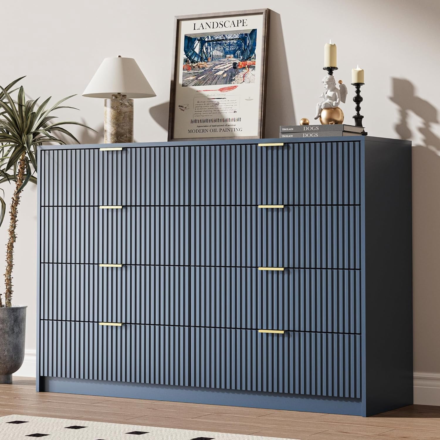 FURNIWAY Blue 8 Drawer Dresser, Fluted Wood Clothes Storage Organizer Cabinet for Bedroom, Modern Chest with Gold Metal Handles, Wide Dresser for Bedroom,Living Room,Hallway