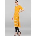 thumbnail image 4 of Janasya Indian Mustard Poly Crepe Foil Print Straight Half Sleeve Round Neck Calf Length Kurta for Women, 4 of 8