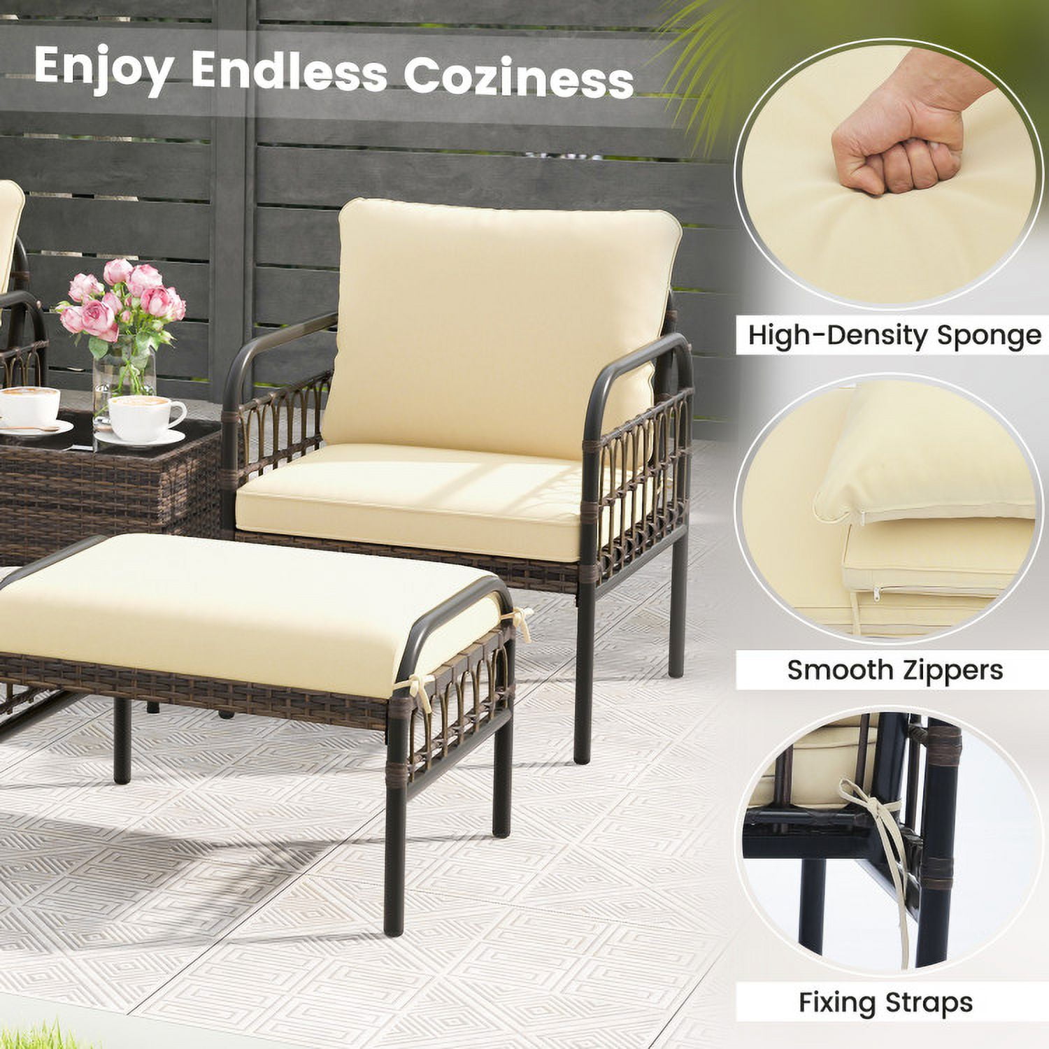 Aimee Lii 5-Piece Wicker Conversation Set with Cushions, Outdoor Patio Furniture, Beige