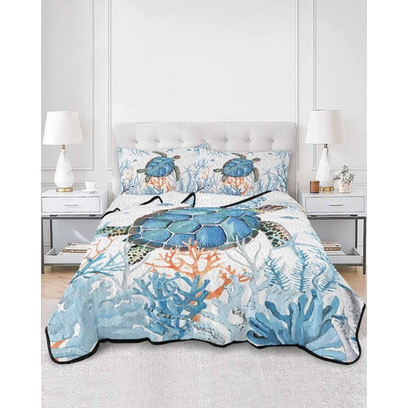Quilts King Size, Sea Turtle Coastal Soft Comforter Bedding Set for Bed, Nautical Summer Beach Coral Ocean Lightweight Quilted Bedspread with Pillow Cover(2 Pieces) for All Season, 96x106 Inch