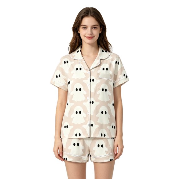 Women's 2‑Piece Halloween Pajama Set, Collared Button‑Down Short Sleeve Top & Elastic Waist Shorts, Multi‑Pattern Sleepwear Loungewear for Halloween Party, Movie Night, Home Lounging