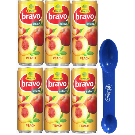 (Pack of 6) Rauch Bravo Peach Juice, 250ml Cans (2in1) Miras Trademark Measuring Spoon Included)
