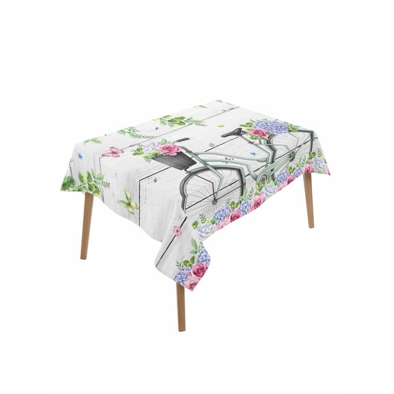 Spring Table Cloth, Waterproof Tablecloth for Rectangle Tables, Bicycles Botanical Rose Leaves Butterfly Wood Grain Reusable Washable Fabric Table Cover for Restaurant Kitchen Dining Tables 60"x102"