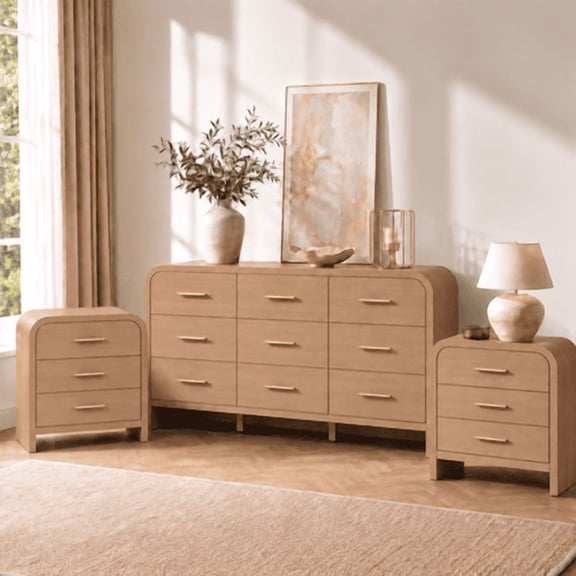 Vintagearth 3-Piece Bedroom Dresser and Nightstand Set, 62.99"W 9-Drawer Dresser & Two 3-Drawer Nightstands, Curved Bedroom Furniture Set, Oak