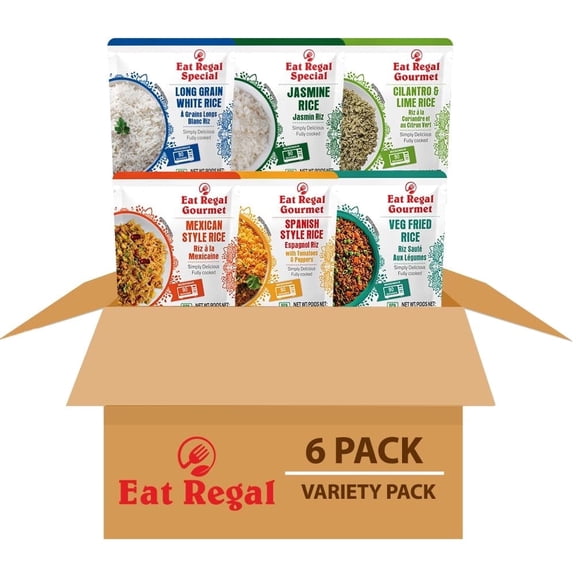 Eat Regal Rice Variety Pack, 6 Pouches, 8.8 oz Each, Jasmine, Spanish, Mexican, Cilantro Lime, Long Grain & Veg Fried