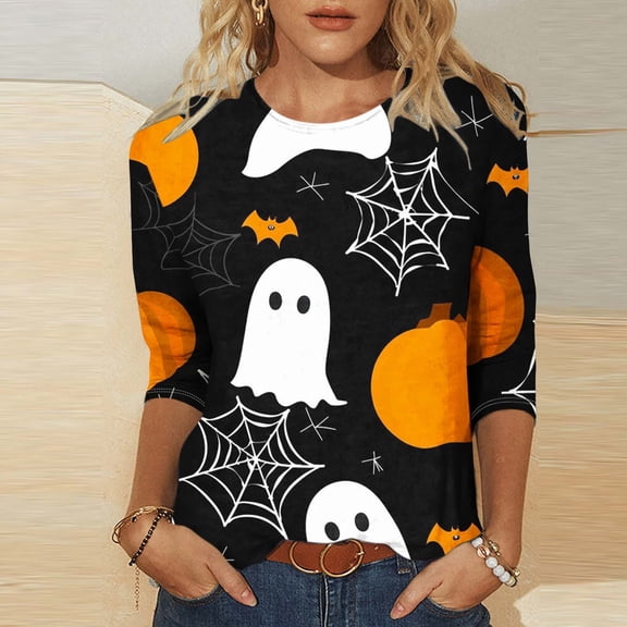 Jsaierl Women's Halloween Shirts Cute Pumpkin Ghost Graphic Tees Soft Round Neck T-shirt 3/4 Sleeve Tunic Blouse Tops Halloween Party Supplies