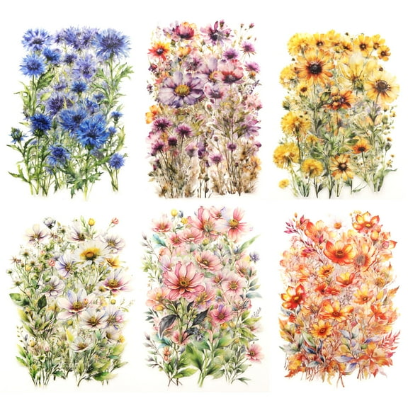 120 Pcs 6 Colors Watercolor Flower Stickers Set, Big PET Clear Botanical Floral Stickers, for Junk Journal Planner Art Crafts Scrapbooking Supplies