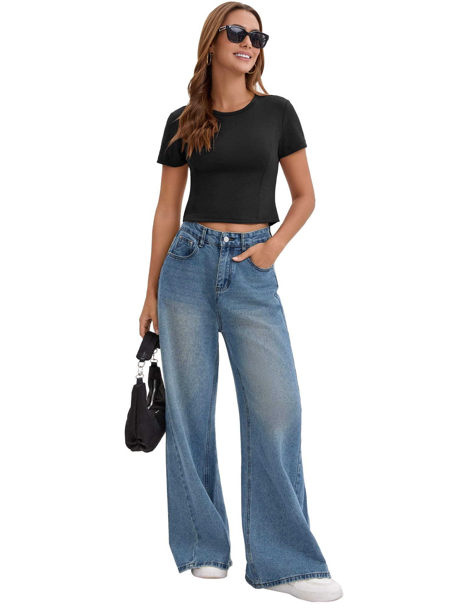 DARING DIVA Women's Cropped Basic Tees with Short Sleeves and Crewneck XL Black