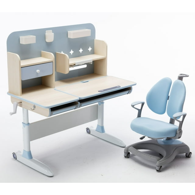 Children Kids Multifunctional Adjustable Study Desk with Double-Winged Swivel Chair - Blue
