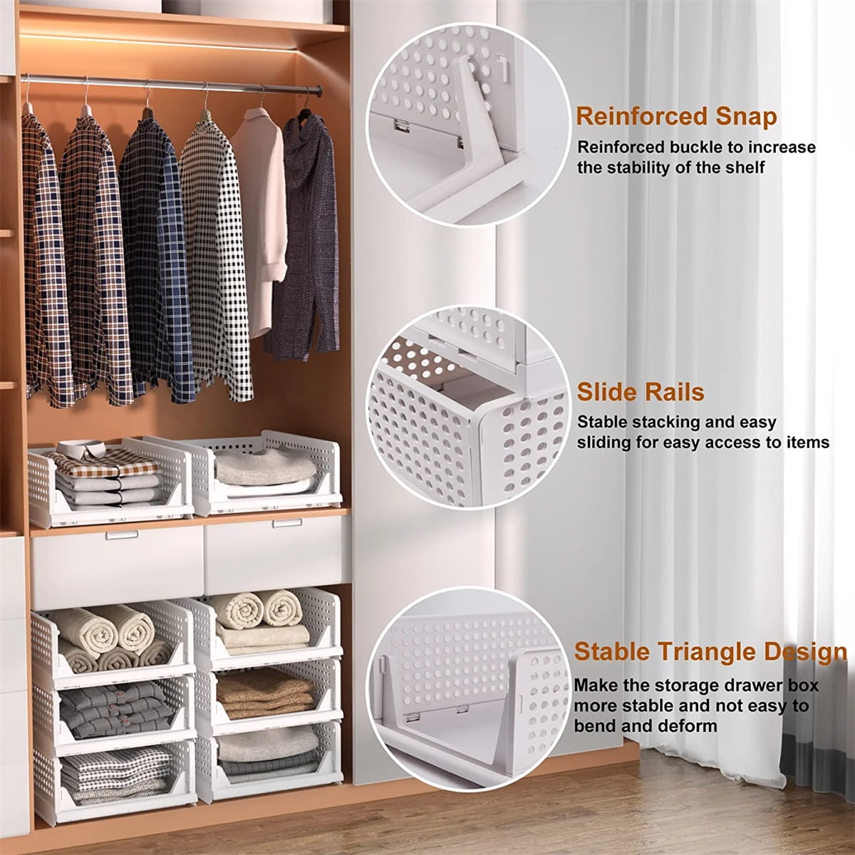 4-Pack Folding Wardrobe Storage Box Plastic Drawer Organizer Stackable Shelf Baskets Cloth Closet Container Bin Cube Home Office Bedroom Laundry Pull Out Drawer Dividers for Clothes,Toys Organization
