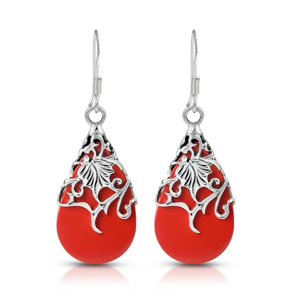 Floral Vine Ornated Teardrop Reconstructed Red Coral .925 Sterling Silver Earrings