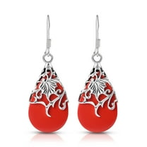 Floral Vine Ornated Teardrop Reconstructed Red Coral .925 Sterling Silver Earrings