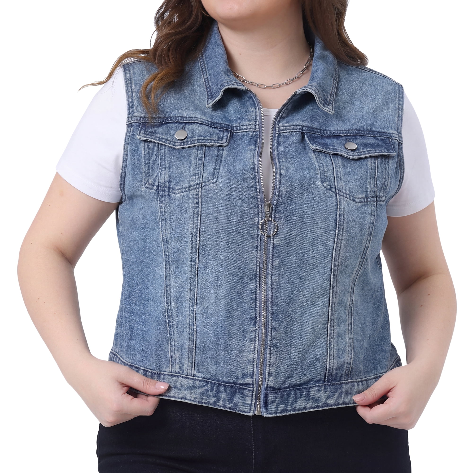 DARING DIVA Women's Plus Size Sleeveless Zip Up Button Down Jeans Vest 4X Gray Blue