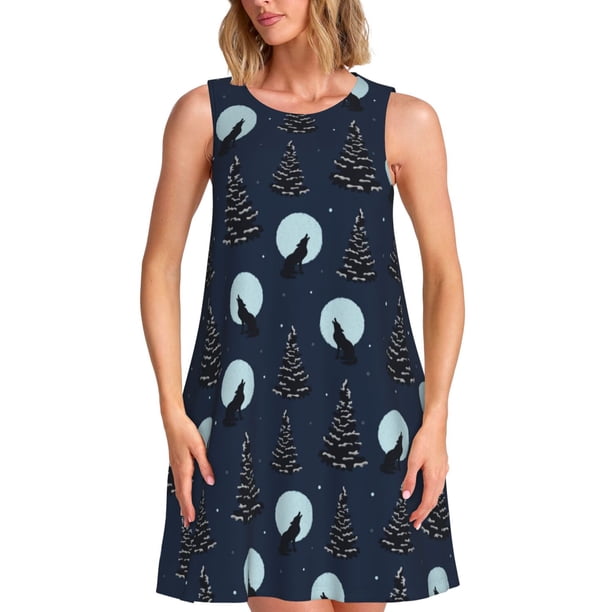 Fotbe Night Forest Wolf Vestido de Verano sin Mangas para Mujer – Vestido Midi Línea A, Estilo Camiseta Floral, Vestido Playero Casual y Fluido