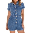 thumbnail image 2 of Short Sleeve Denim Rompers for Women Button Casual Jumpsuits with Pokcet, 2 of 7