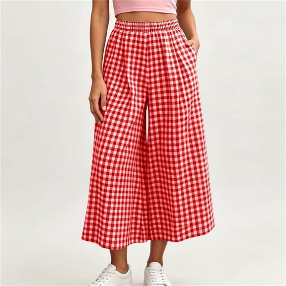 Costeam Womens Gingham Plaid Elastic High Waist Cropped Wide Leg Capri Pants Dual Side Inset Hand Pockets Soft Lightweight Knit Loose Fit Summer Casual Trousers