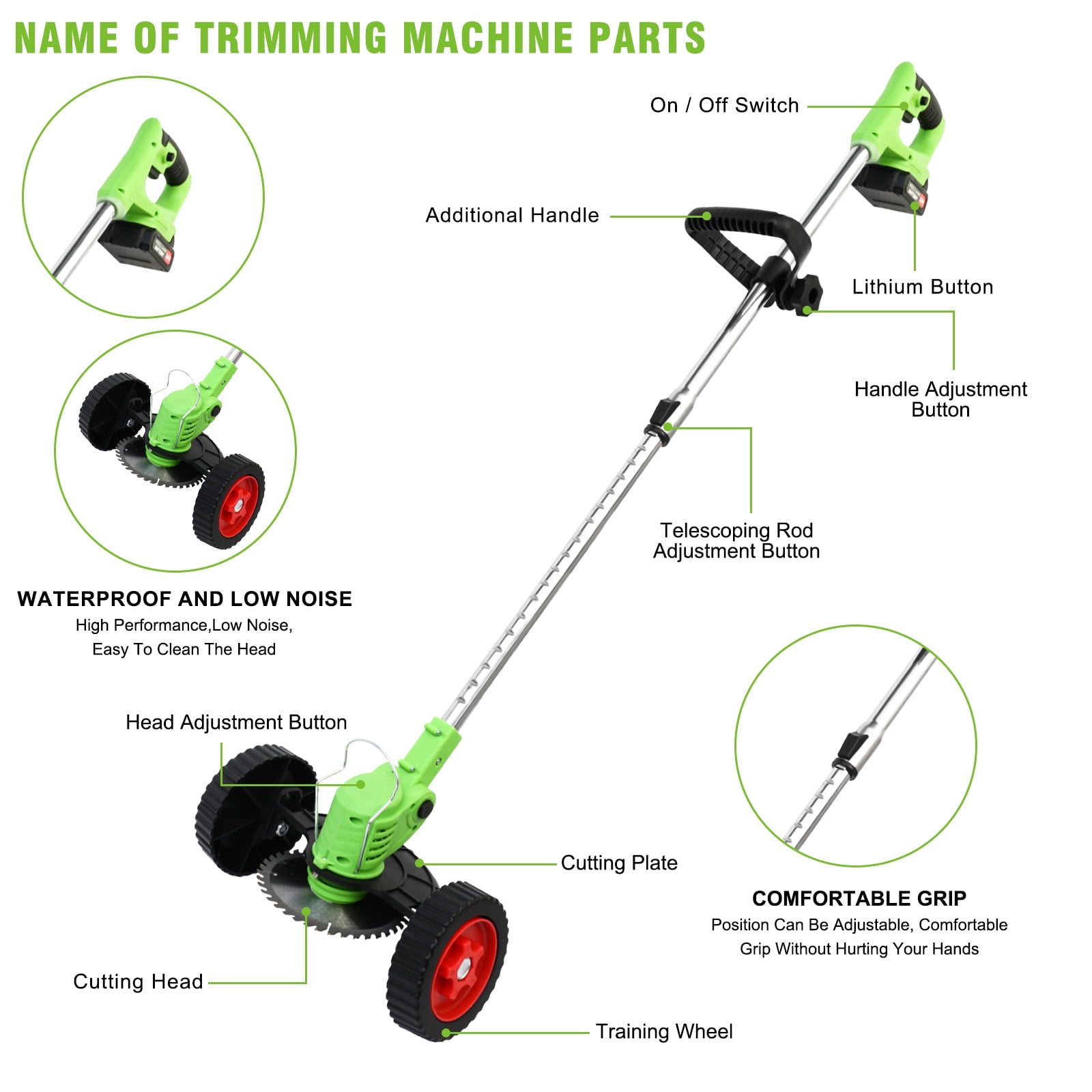 Cordless Grass String Trimmer, Electric Weed Eater with Wheels, Weed Trimmer, 2Battery+Charger, Green