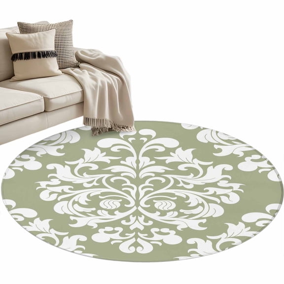Baroque Sage Green Large Area Rugs for Bedroom Living Room, Soft Non Slip Carpet Bedside Rug, Vintage Damask Classic Floral Round Floor Cover Kitchen Accent Rug 3' for Dining Room/Office