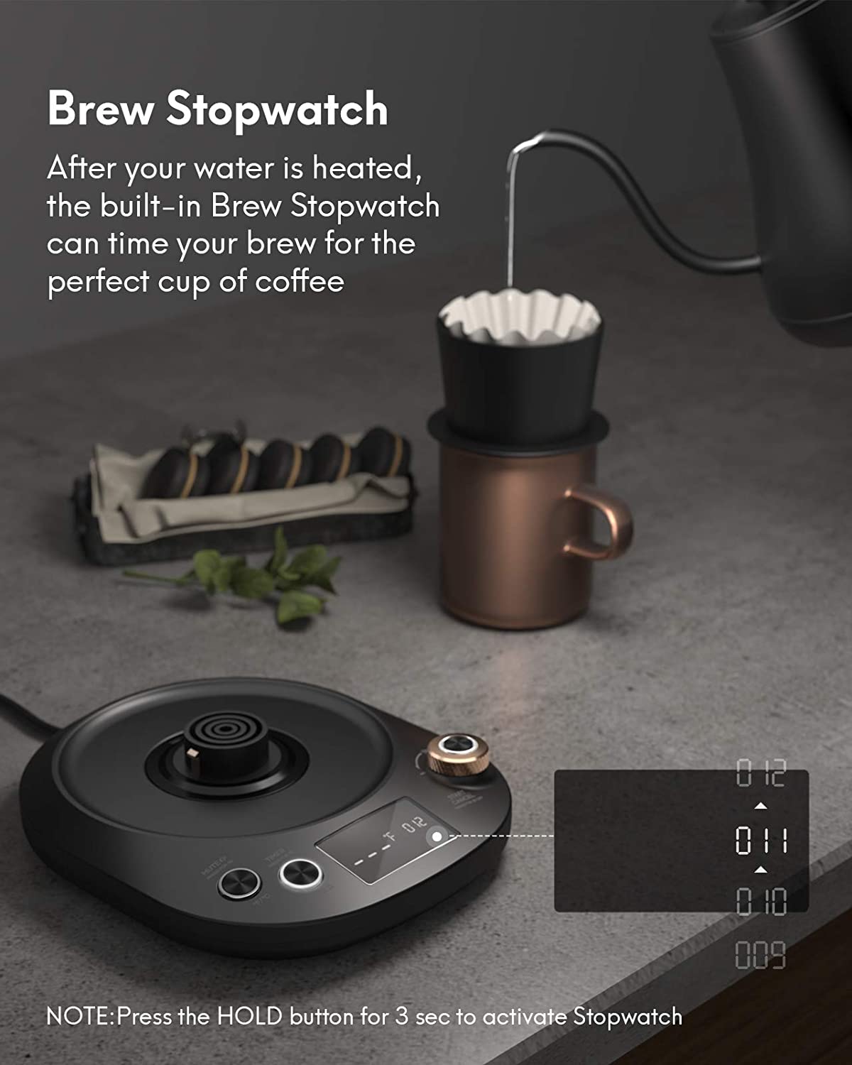 Gooseneck Kettle Temperature Control, Pour Over Electric Kettle for Coffee and Tea, 100% Stainless Steel Inner, 1200W Rapid Heating, 0.8L, Built-in Stopwatch