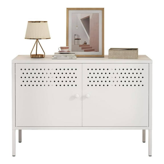 2 Door Metal Accent Cabinet, 29" H Metal Locker Accent Storage Cabinet, Sideboard Cabinet with Adjustable Shelves, White