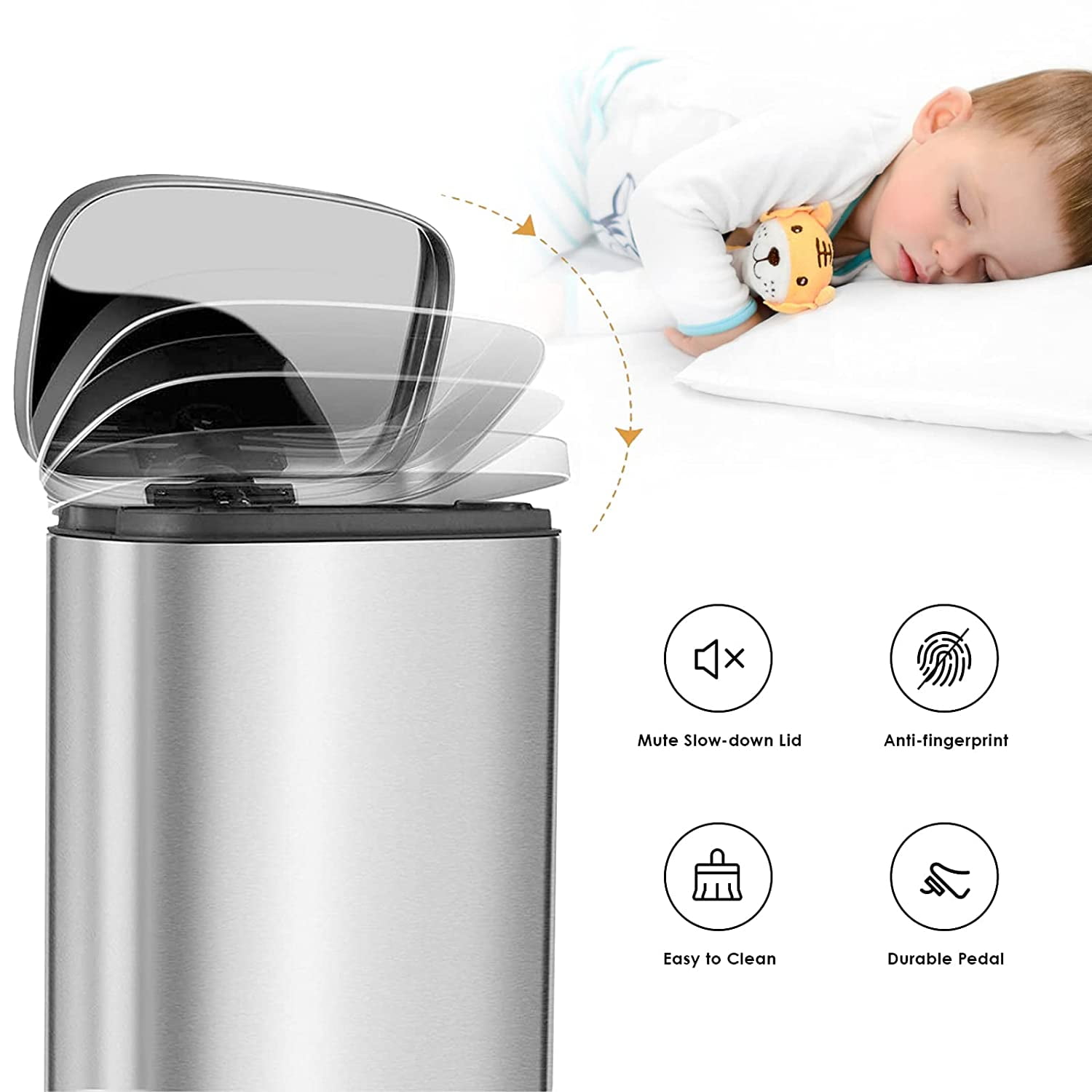 Arlopu 8 Gallon Stainless Steel Trash Can with Lid, Rectangular Kitchen Garbage Can with Step Pedal & Inner Bucket for Bathroom, Living Room