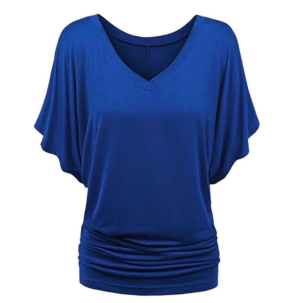 Fashion Women Plus Size Solid V-Neck Batwing Sleeve Fold Hem Loose Top T-shirt
