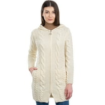 SAOL 100% Merino Wool Women's Aran Zip Cable Knit Cardigan Sweater Irish Hooded Long Jacket Outdoor Coat Made in Ireland