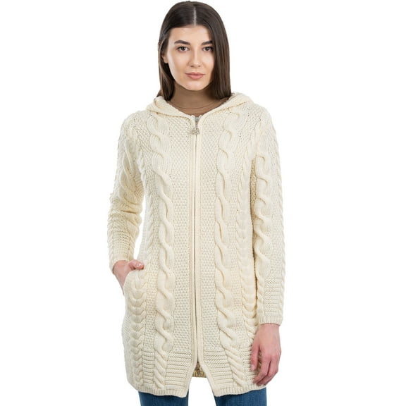 SAOL 100% Merino Wool Women's Aran Zip Cable Knit Cardigan Sweater Irish Hooded Long Jacket Outdoor Coat Made in Ireland