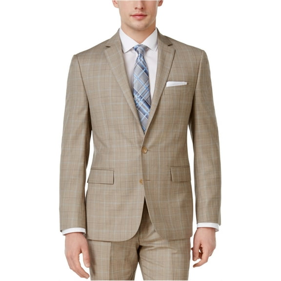 Ryan Seacrest Mens Plaid Two Button Blazer Jacket, Beige, 38 Regular