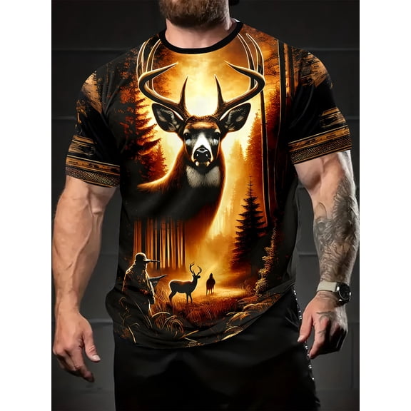 Men's Breathable 3D Printed Hunter and Deer Pattern T-Shirt - Black Casual Short Sleeve T-Shirt with Forest and Deer Design, Round Neck Short Sleeve, Men's Top, Casual Clothing