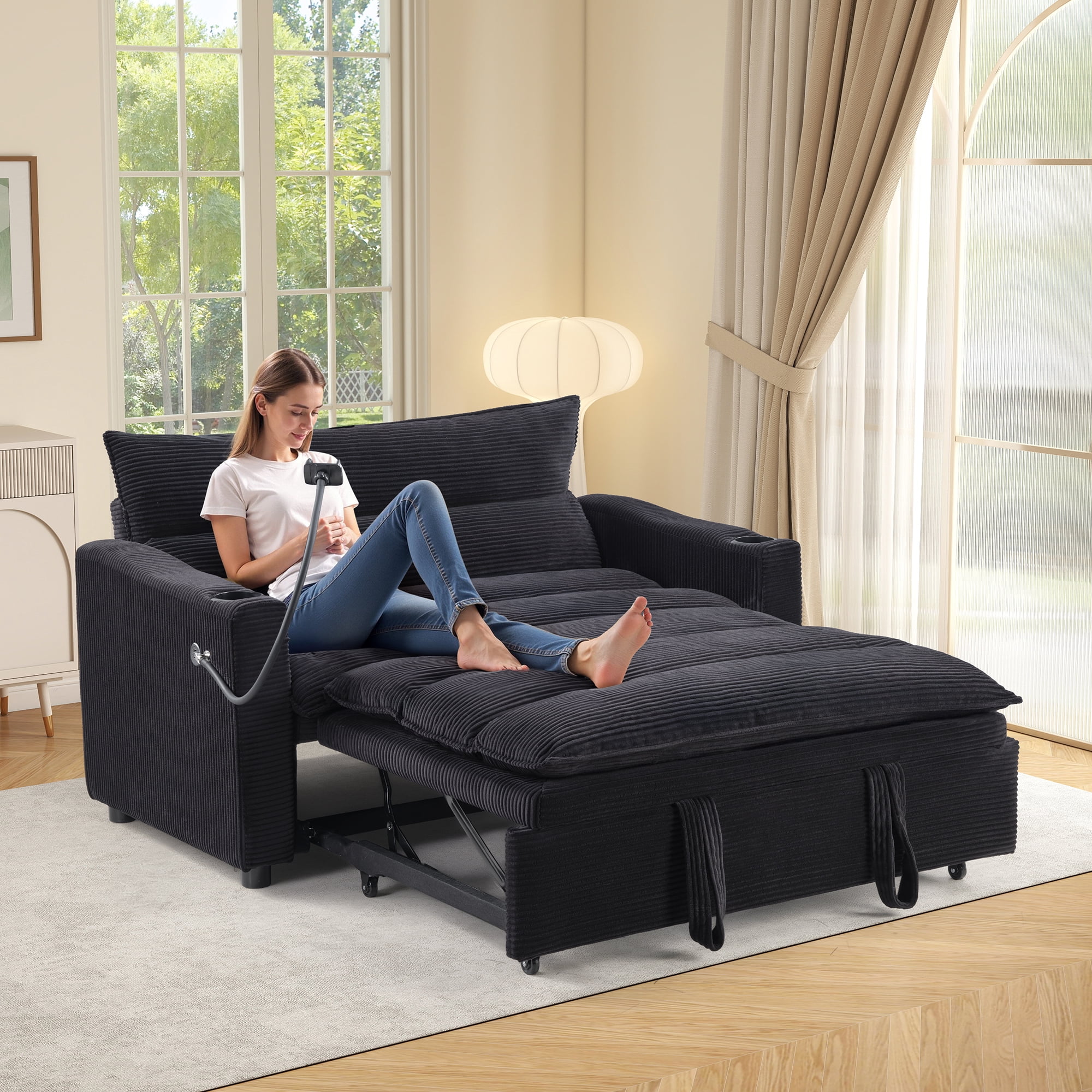 Ebello 3-in-1 Sleeper Sofa Bed, Corduroy Convertible Pullout Futon Couch with Adjustable Backrest, Phone Holders & USB Ports for Apartment, Small Space, 2-Seat(Black)