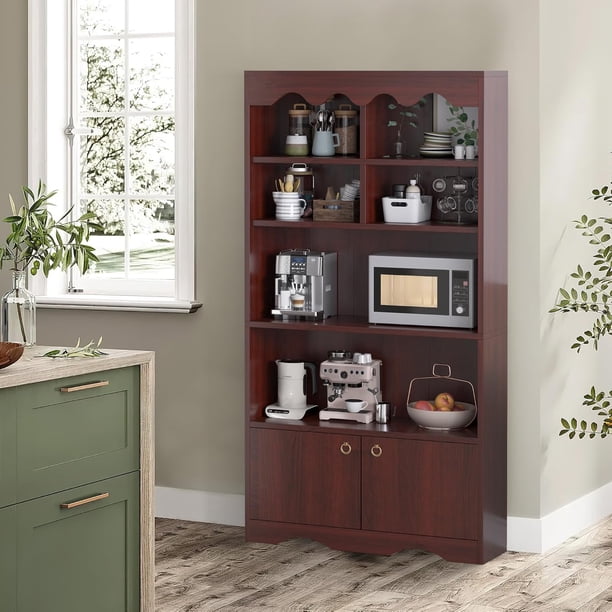 Qeetex 63 - pulgada altura estante con doors, moderno scalloped design, 5 - tier almacenamiento gabinete oficina en casa, sala estar, dormitorio, deep almacenamiento estantes heavy books - walnut