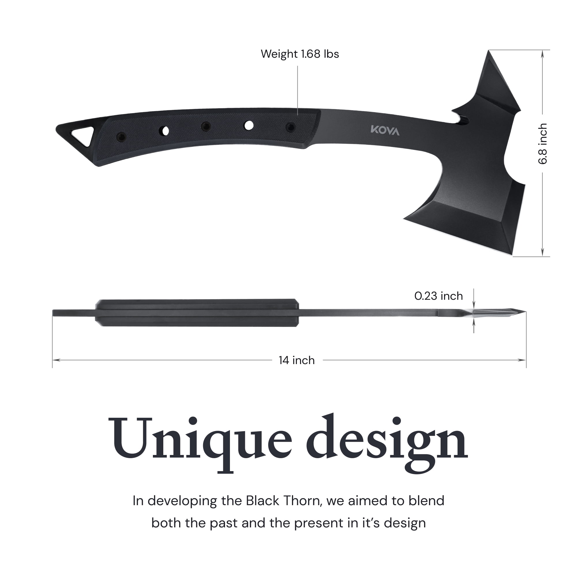 Kova Black Thorn Hatchet - Stainless Steel, 14" Overall Length, 6.8" Blade, G10 Handle - Lightweight & Durable, Ideal for Camping, Survival, and Outdoor Adventure