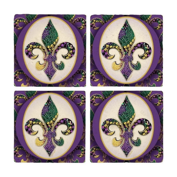 CafePress - Fleur De Lis Mardi Gras Beads Stone - Tile Coaster, Drink Coaster Set of 4