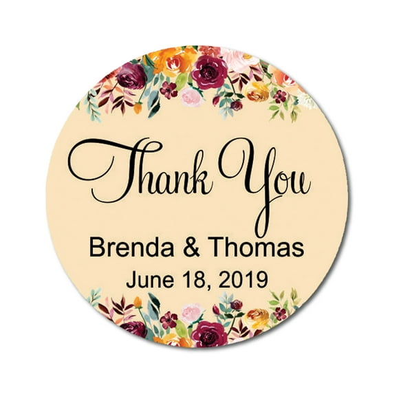 Darling Souvenir Round 45 Pcs Floral Thank You Stickers Personalized Wedding Bride Groom Names And Date Envelope Seals-Peach