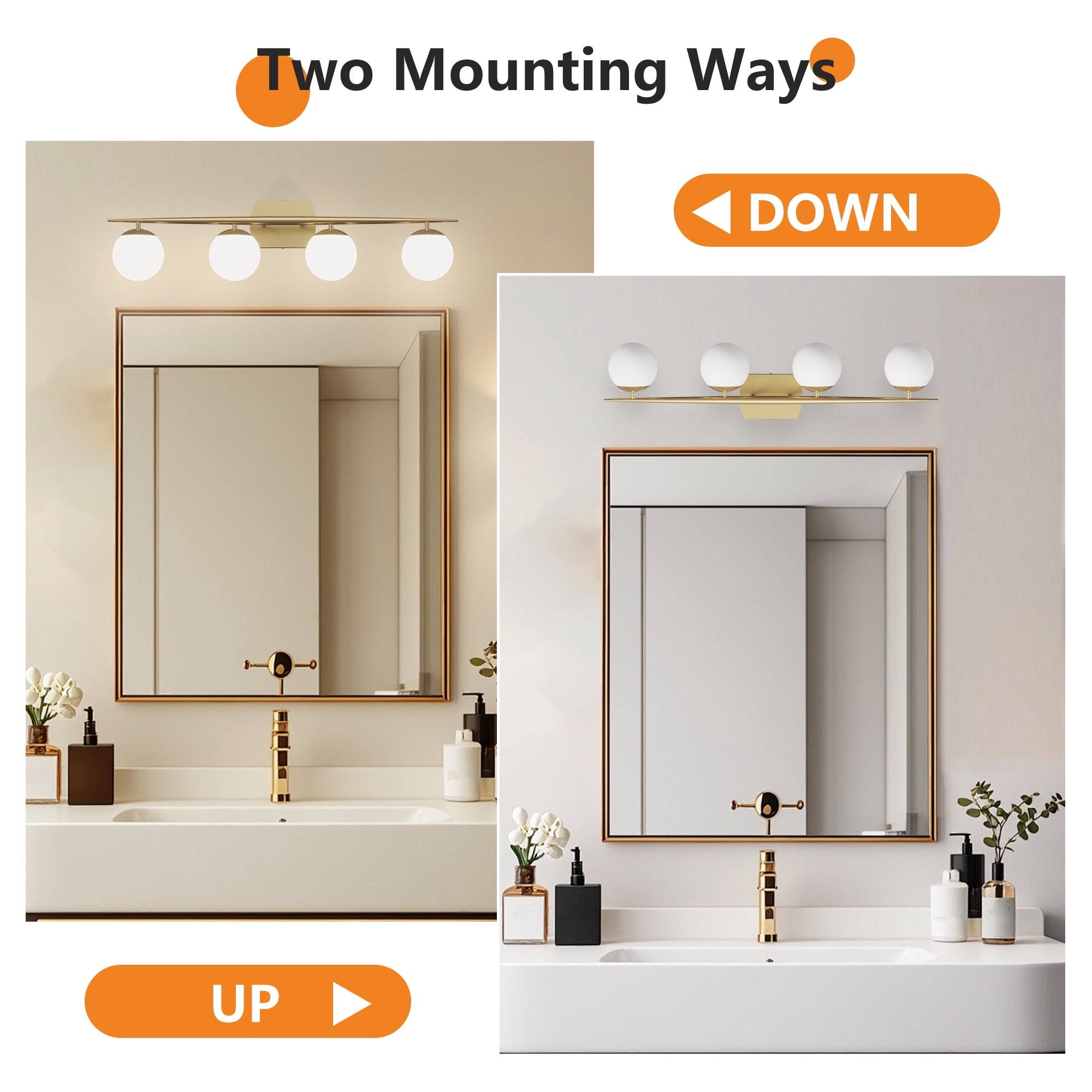 Gold Vanity Lighting Fixtures, 4-Light 34.7 Inch Modern Bathroom Light with Milky White Frosted Glass Shades, Wall Lights for Bathroom, Bedroom, Living Room（G9 Bulb not Included）