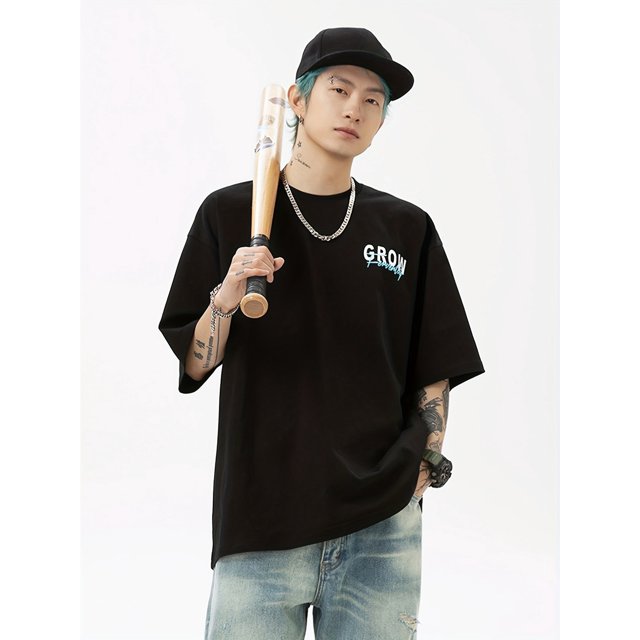 Men's Loose Fit Street Style Graphic T-Shirt - "Strive for the Future" Print, Short Sleeve, Round Neck, Summer Casual Wear, Black with Blue & White Design, Cotton Blend