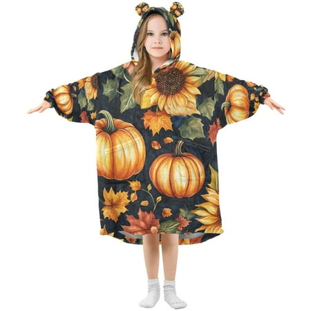 

joogoo Wearable Blanket Hoodie for Kids Pumpkins Sunflower Harvest Flannel Oversized Sweatshirt 3-14 Years M