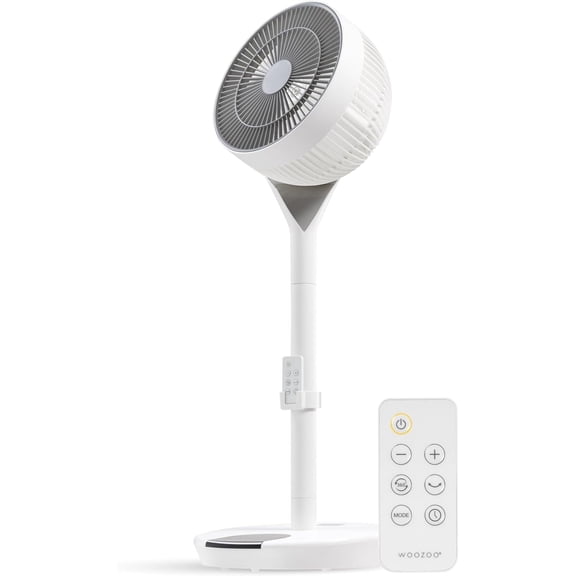 IRIS USA WOOZOO Fan, Pedestal Standing Fan with Remote, 360 Oscillating Fan, 12 Speeds, Low Noise DC Motor, 8h Timer, Touch Panel, Height Adjustable, White/Gray, 59 ft