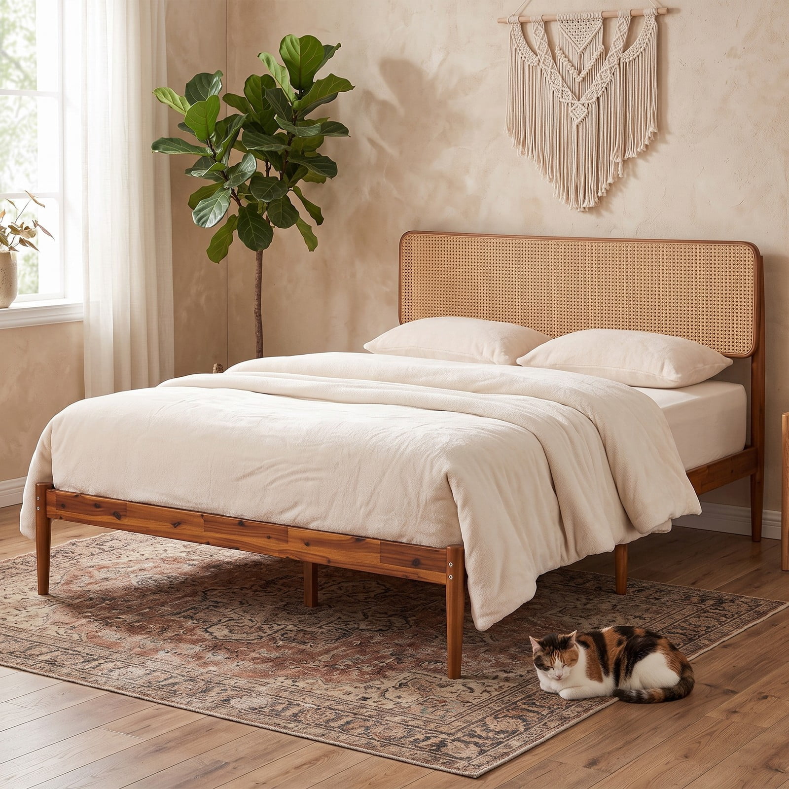 Furnibear Full Size Bed Frame with Storage, Boho Rattan Wood Platform Bed Frame with Acacia Slat Support, No Box Spring, Brown