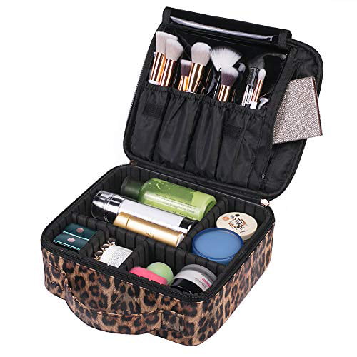 QWZNDZGR Double Layer Travel Makeup Bag with Strap, Large Cosmetic Case  Organizer Fits Bottles Vertically, Top Layer for Brushes, Tweezers,  Eyeliner