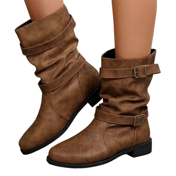 EKVAHL Women's Slouchy Mid‑Calf Boots, Buckle Decorated Western Booties, Low Heel Round Toe Casual Daily Boots Brown
