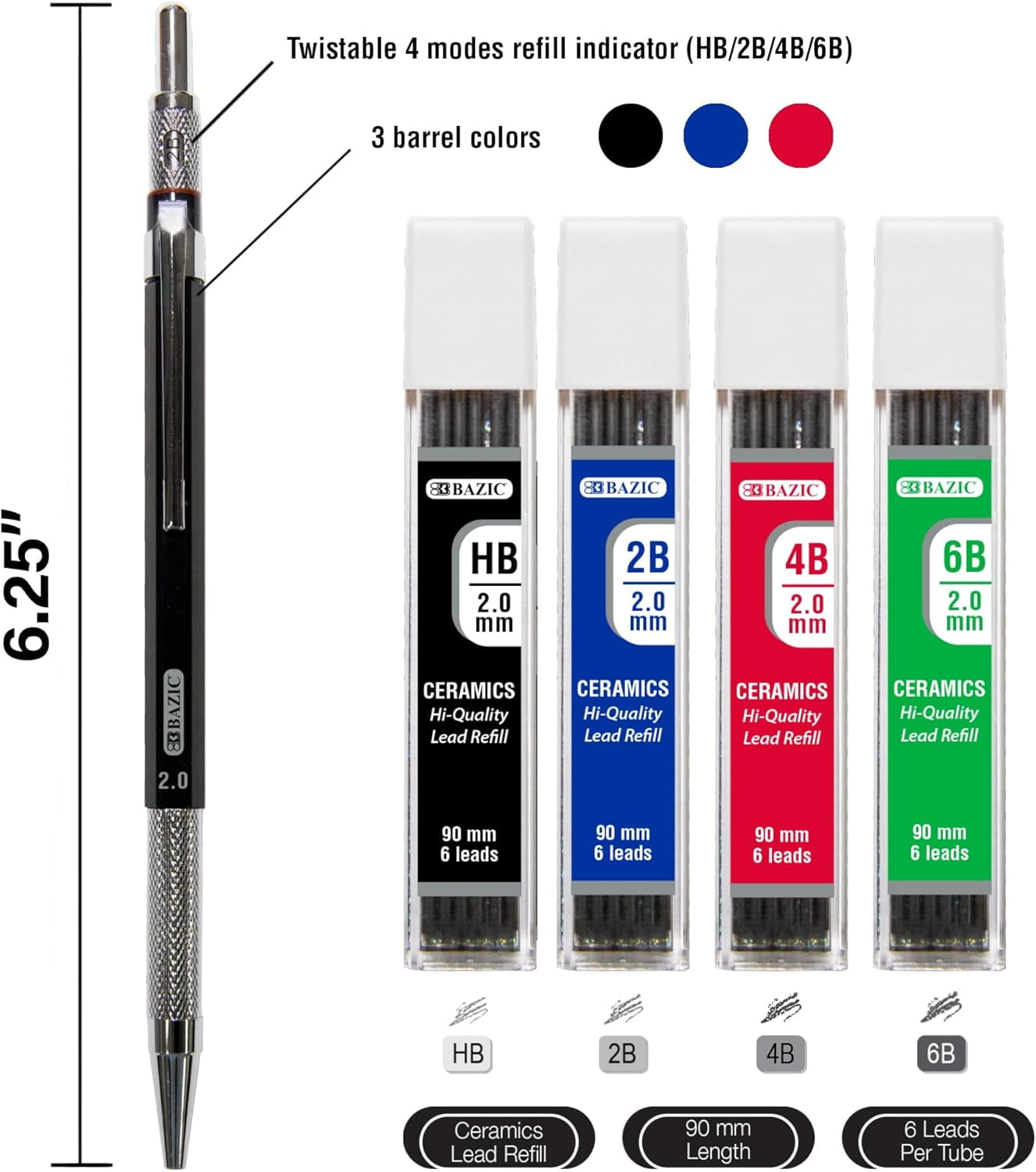 BAZIC 2.0mm Mechanical Lead Pencil with 4 Ceramic Lead Refills, HB 2B 4B 6B Lead, for Art Drafting Drawing Sketching Shading, 12-Packs