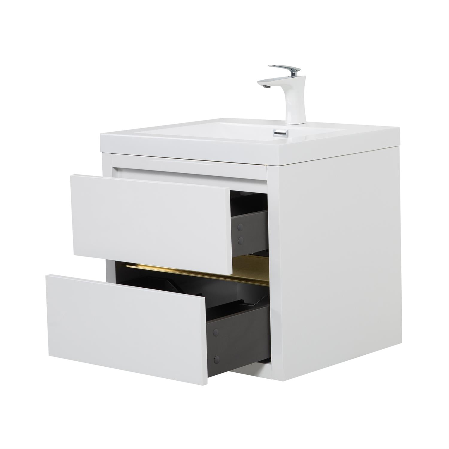 Demi Bonn 23" Wall-Mounted Bathroom Vanity with Sink, Stone Resin Countertop and 2 Soft Close Drawers, Faucets and Drains Not Included, White