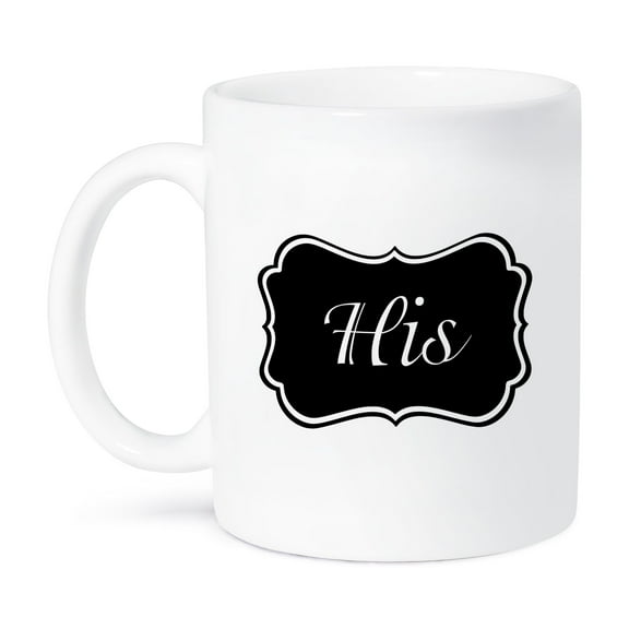 3dRose, His - part of his and hers set for romantic couples - black and white retro vintage label for him, 11oz Mug