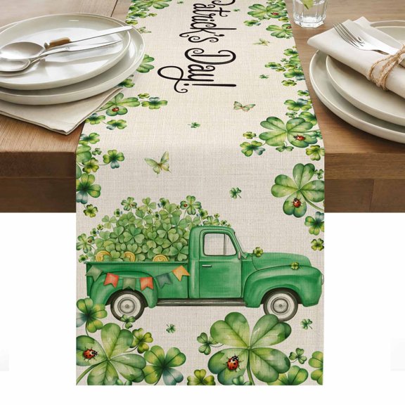 St. Patrick's Day Table Runner - 70 Inch Long, Kitchen Dining Table Runner Dresser Scarves, Green Shamrocks Truck Plants Retro Beige Farmhouse Decor for Coffee Tables Wedding Party Banquet